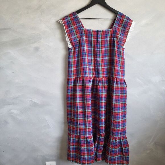 Vintage Squared Plaid Taffeta Pinafore Apron Style Dress 70s Handmade No Size - Picture 7 of 9